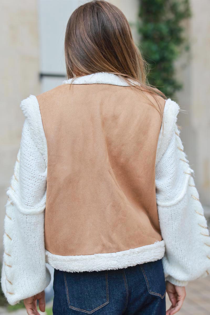 Camel suedette and faux sheepskin gilet with floral embroidery details