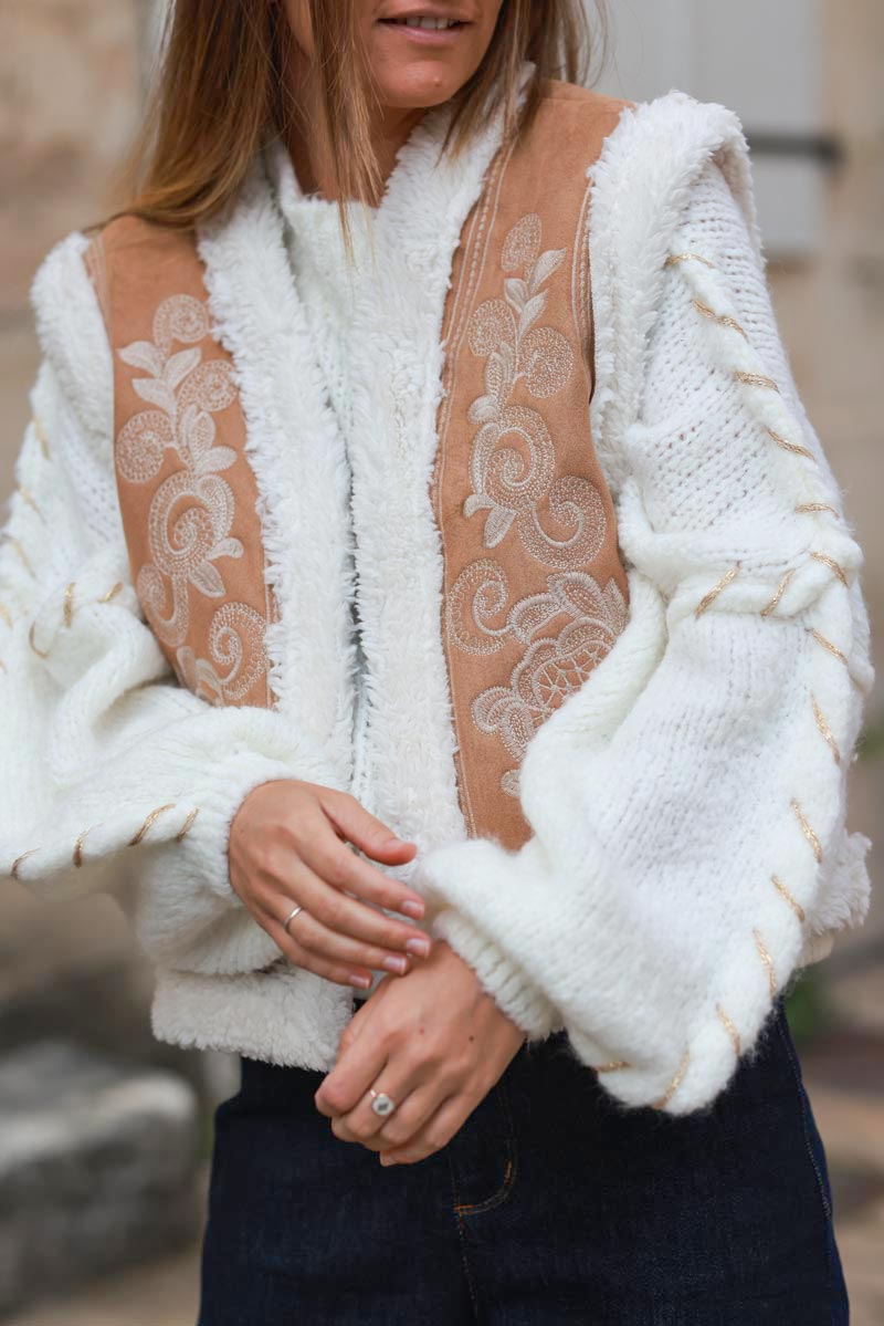 Camel suedette and faux sheepskin gilet with floral embroidery details