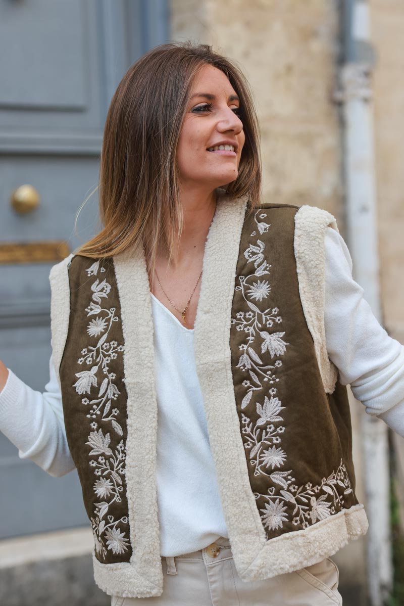 Khaki suedette and faux sheepskin gilet with floral embroidery details