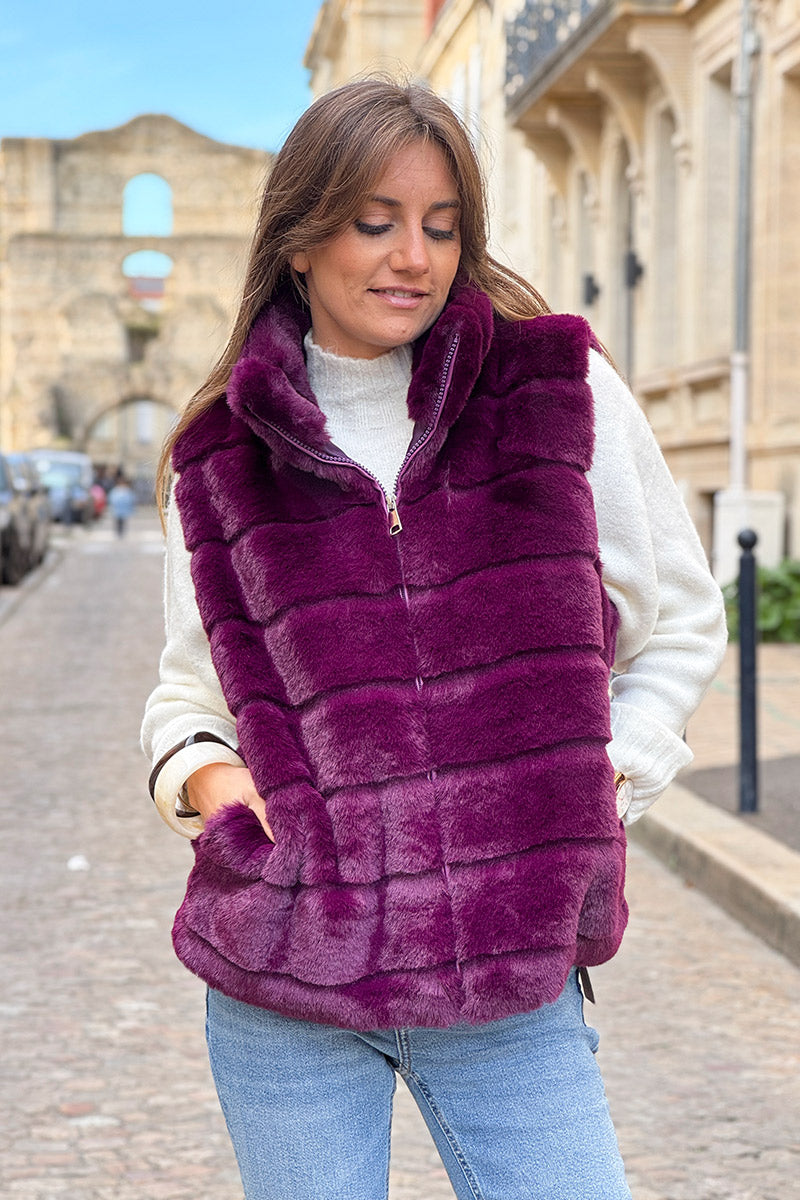 Burgundy Faux Fur Zip Front Vest