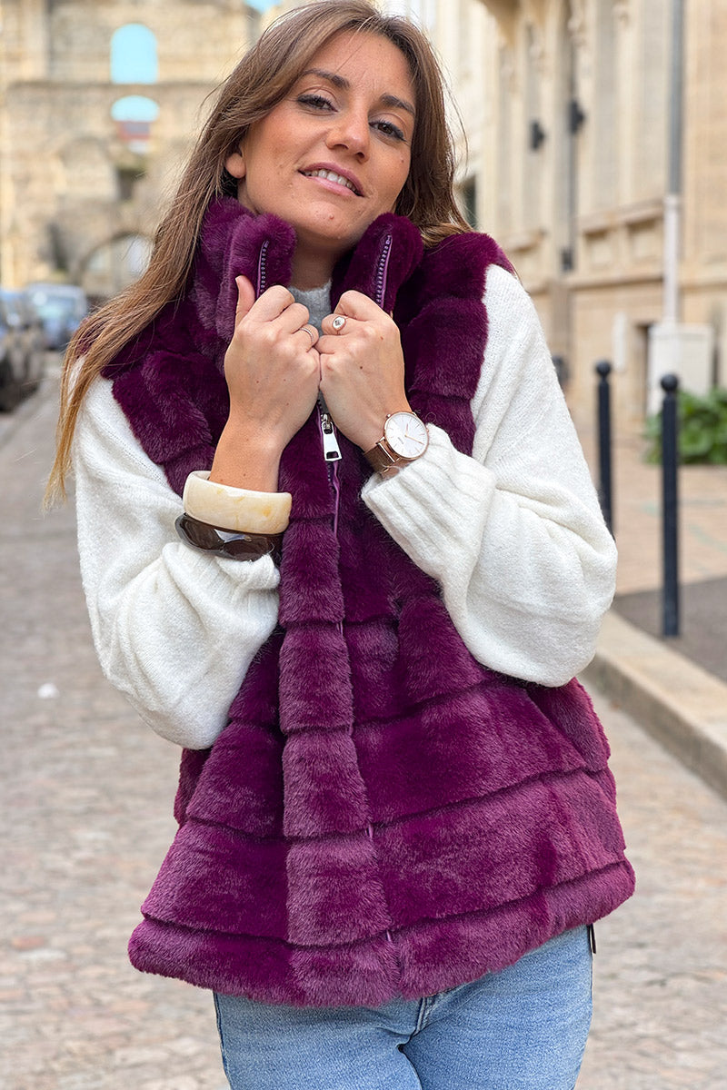 Burgundy Faux Fur Zip Front Vest