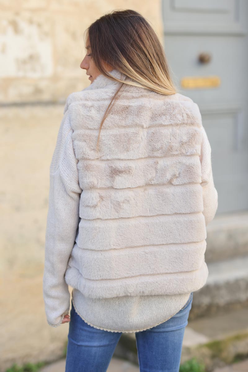 Veste sans manches fausse fourrure beige avec zip