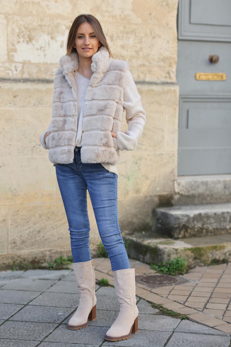 Veste sans manches fausse fourrure beige avec zip