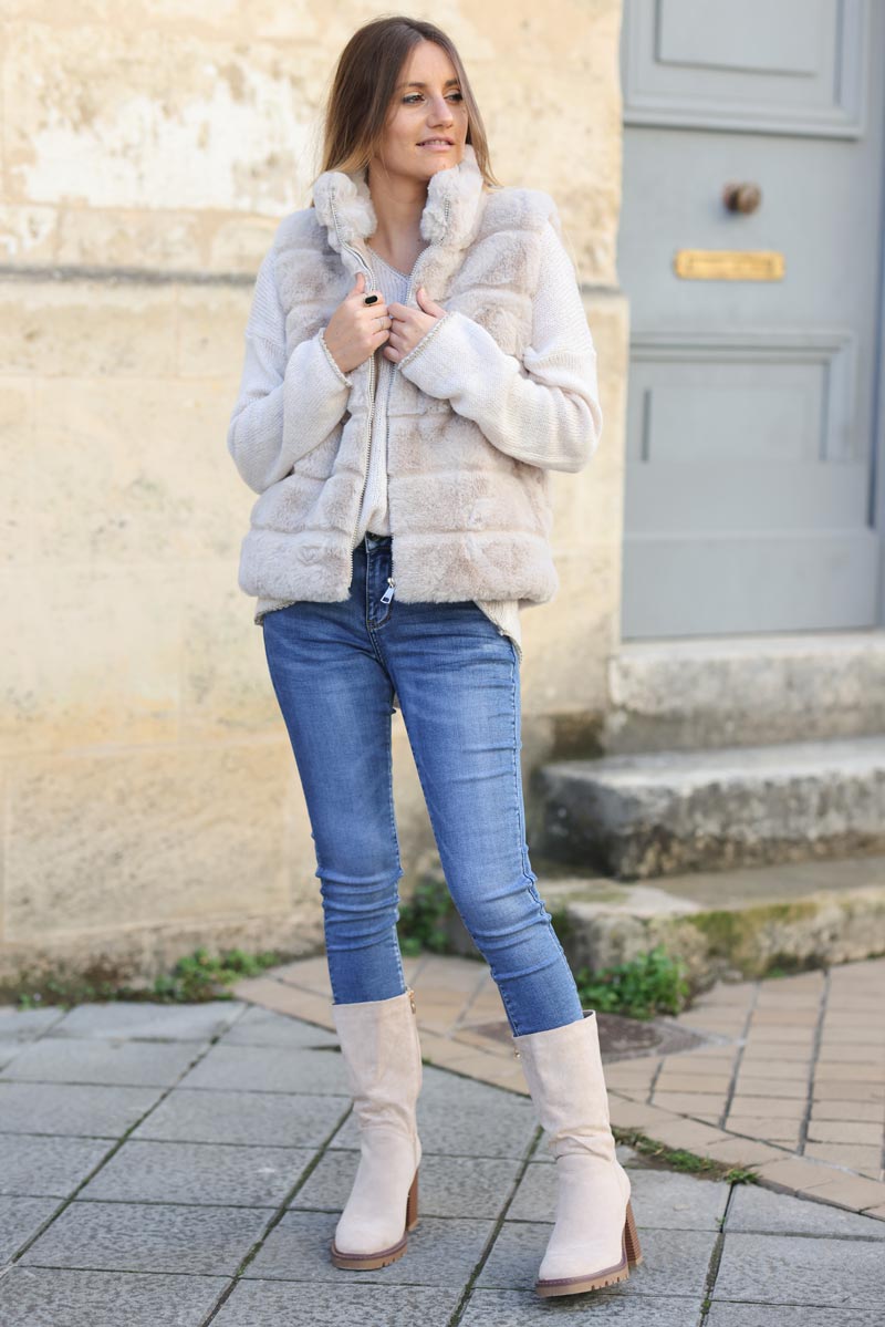 Veste sans manches fausse fourrure beige avec zip