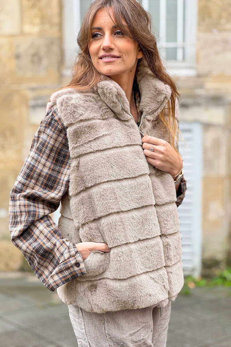 Taupe Faux Fur Zip Front Vest