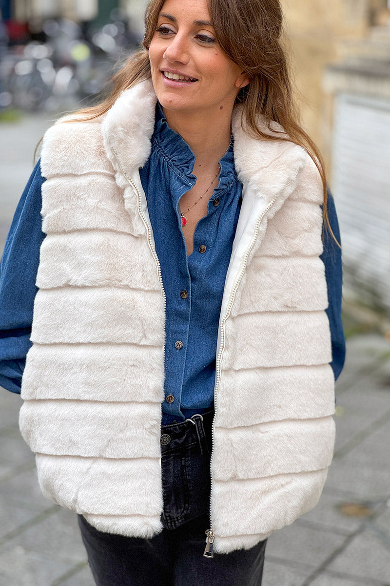 Cream Faux Fur Zip Front Vest