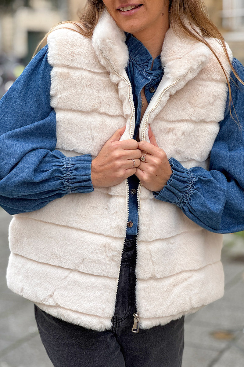Cream Faux Fur Zip Front Vest