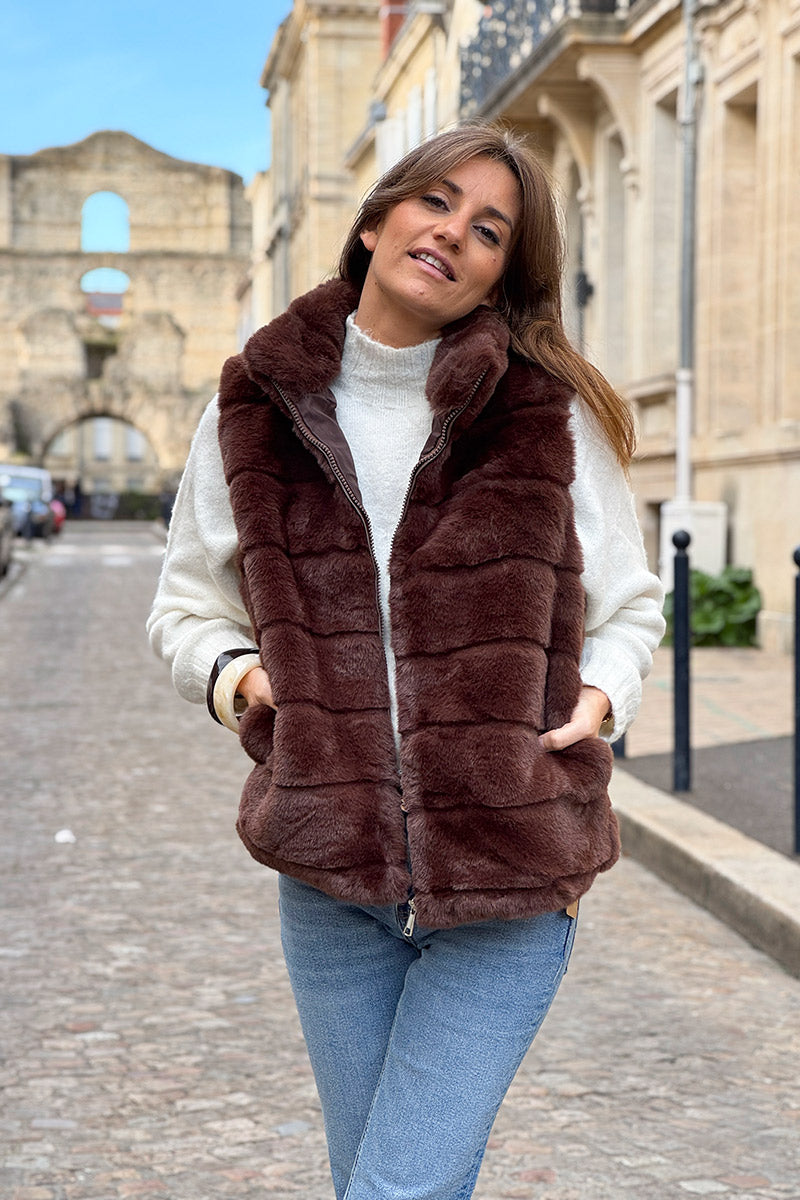 Brown Faux Fur Zip Front Vest