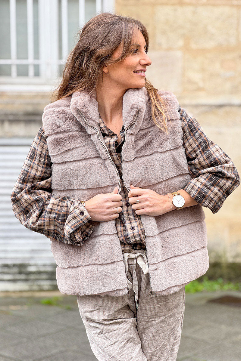 Camel Faux Fur Zip Front Vest