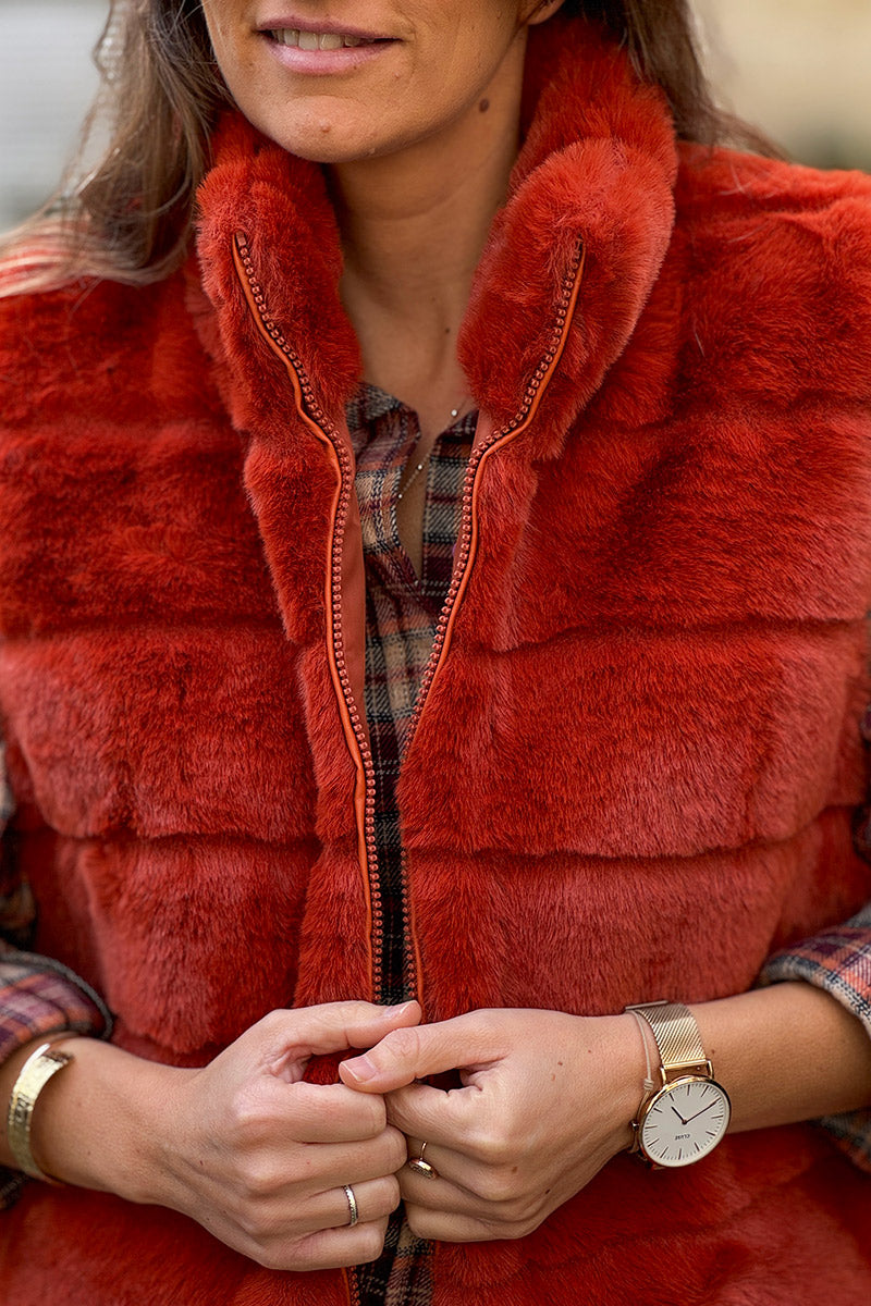 Red Faux Fur Zip Front Vest