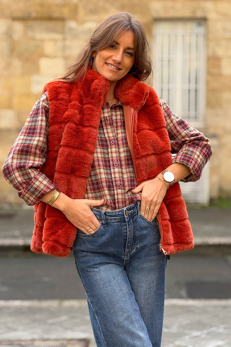 Red Faux Fur Zip Front Vest