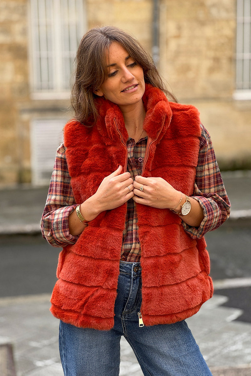 Red Faux Fur Zip Front Vest