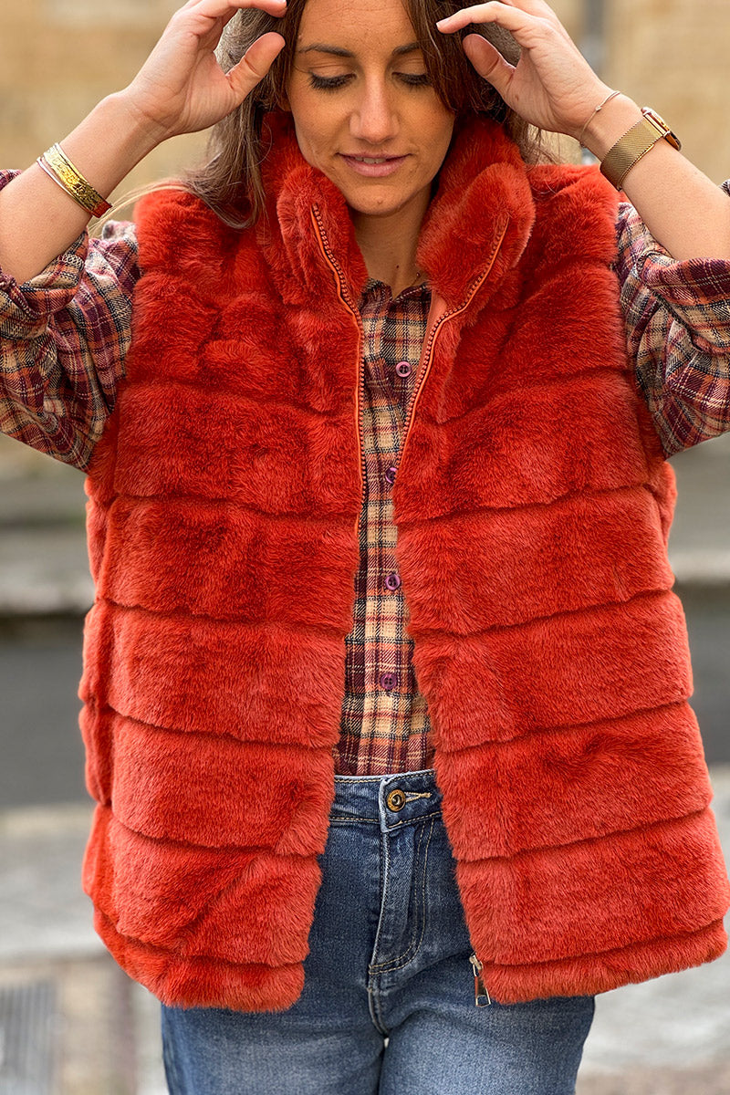 Red Faux Fur Zip Front Vest