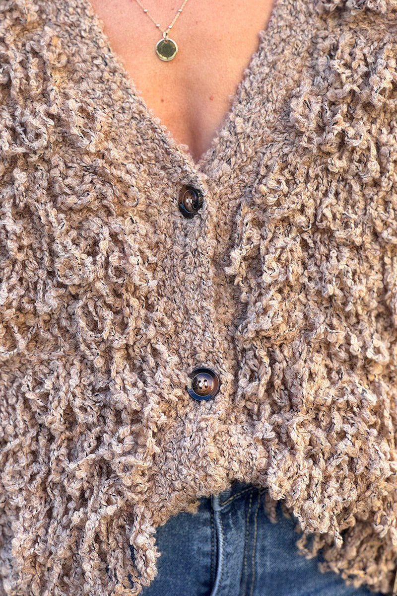Taupe Sherpa Fringe Wool Blend Knit Vest