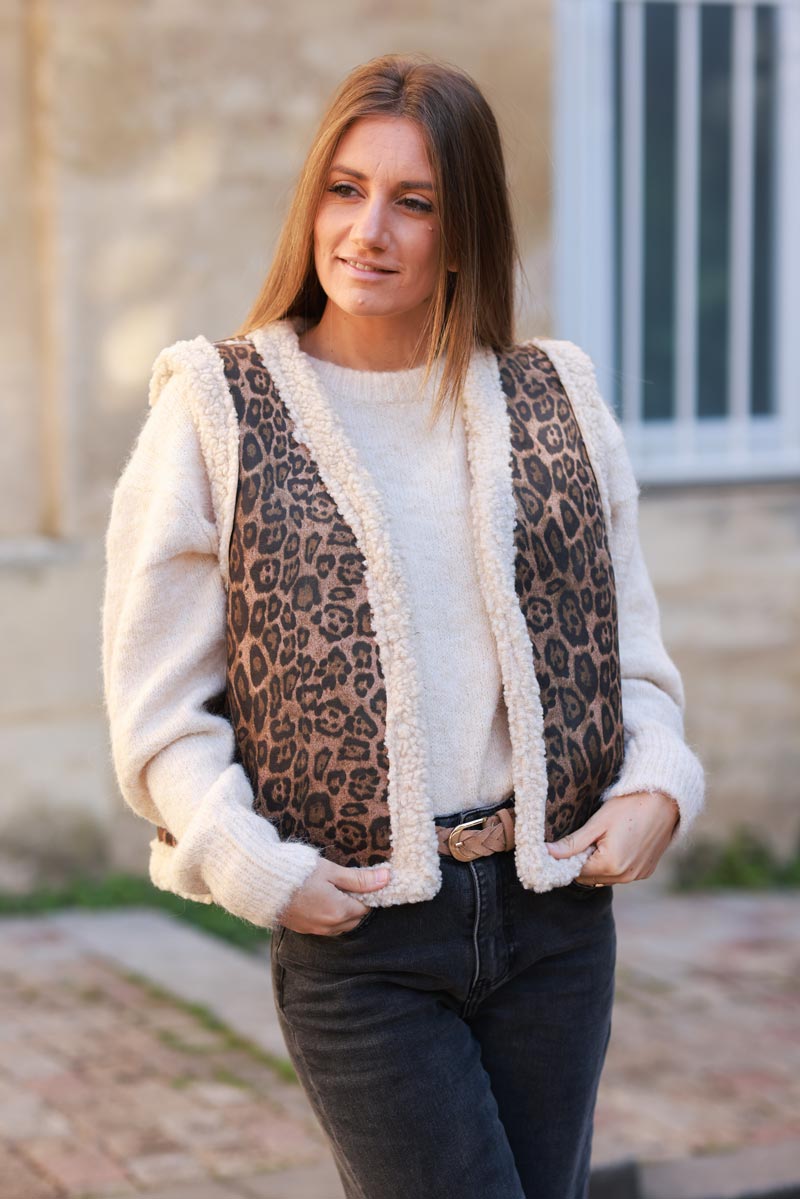 Leopard Print and Faux Shearling Cropped Vest