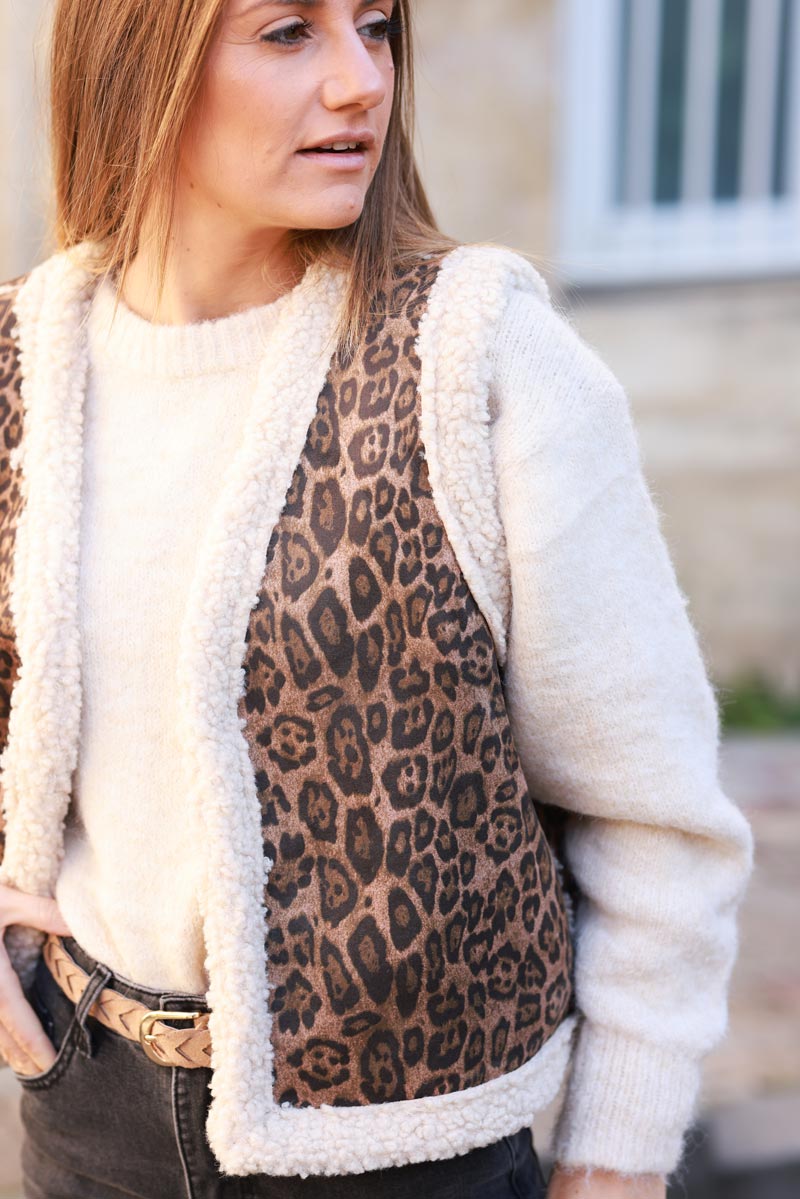 Leopard Print and Faux Shearling Cropped Vest