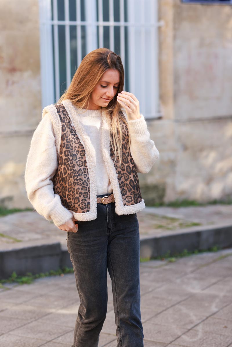 Leopard Print and Faux Shearling Cropped Vest