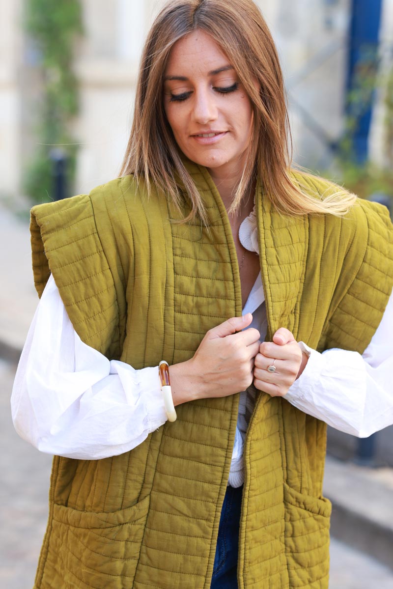 Khaki straight cut gilet in crinkle cotton gauze