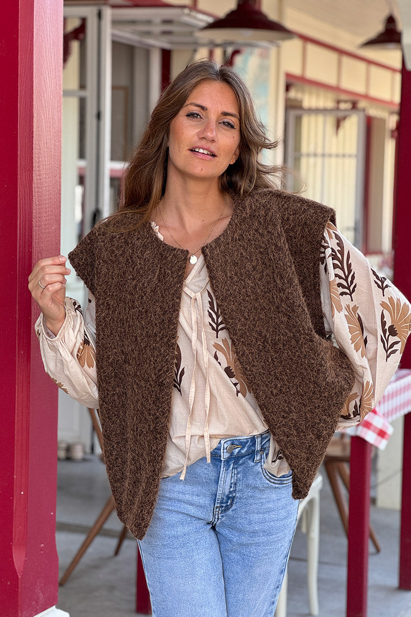 Veste sans manches marron en feutrine façon laine bouillie avec poches
