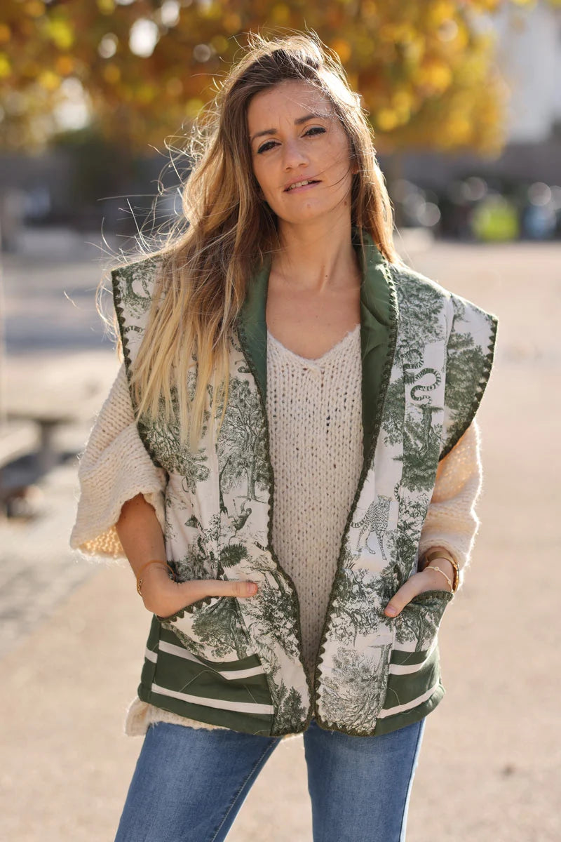 Cotton quilted gilet with khaki jungle print