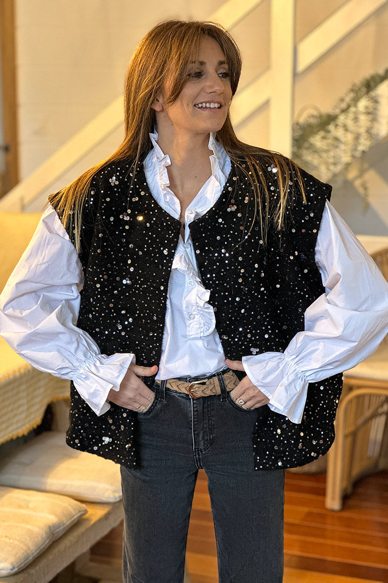 Black Sequined Boucle Knit Vest