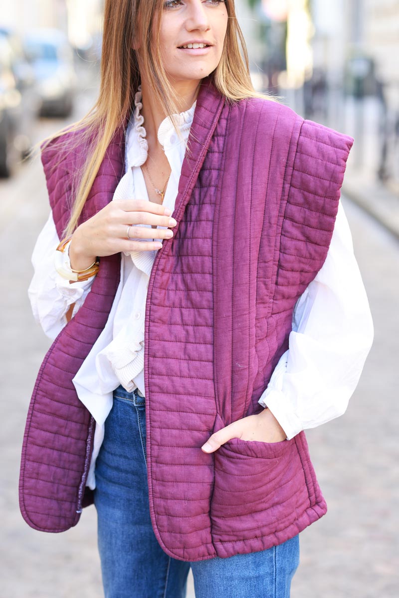 Veste sans manches violet en gaze de coton matelassée