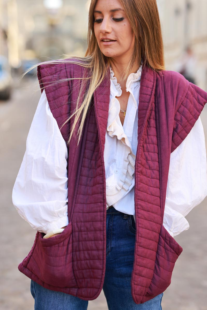 Veste sans manches violet en gaze de coton matelassée