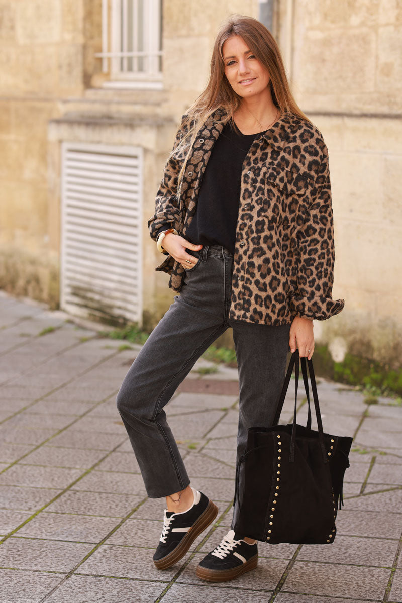 Leopard Print Sueded Shirt Jacket