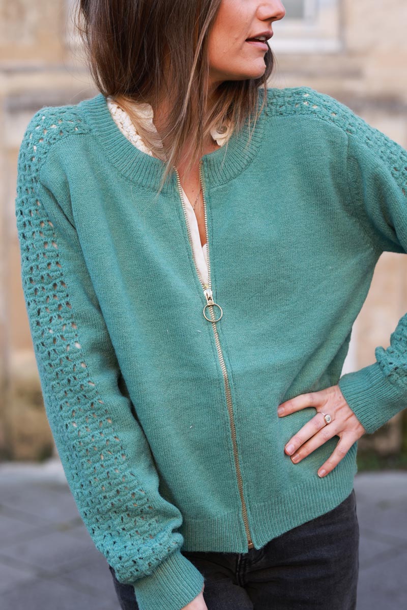 Celadon Green Crochet Sleeve Zip-Front Cardigan