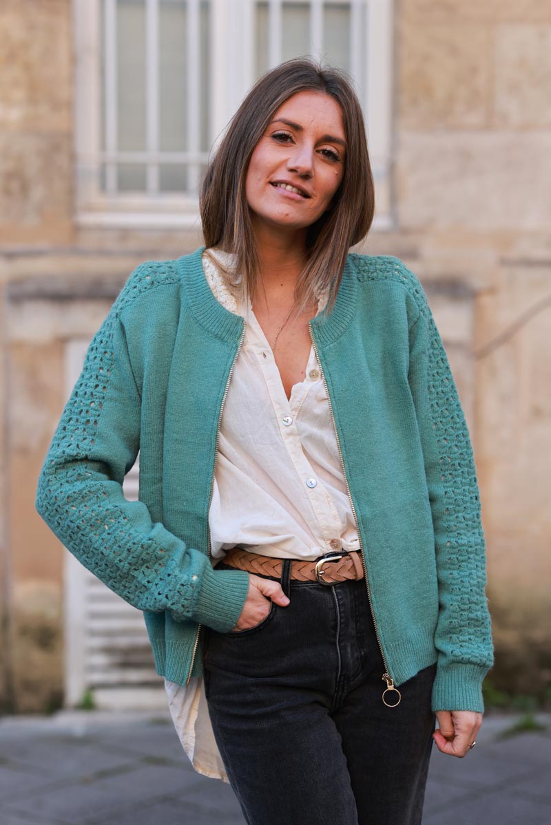 Celadon Green Crochet Sleeve Zip-Front Cardigan