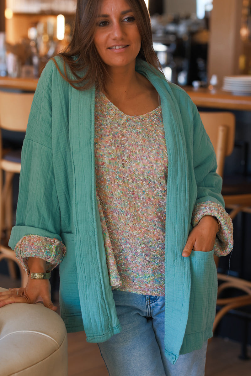 Jade Green Relaxed Fit Crinkle Cotton Gauze Jacket