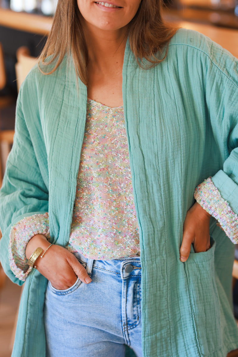 Jade Green Relaxed Fit Crinkle Cotton Gauze Jacket