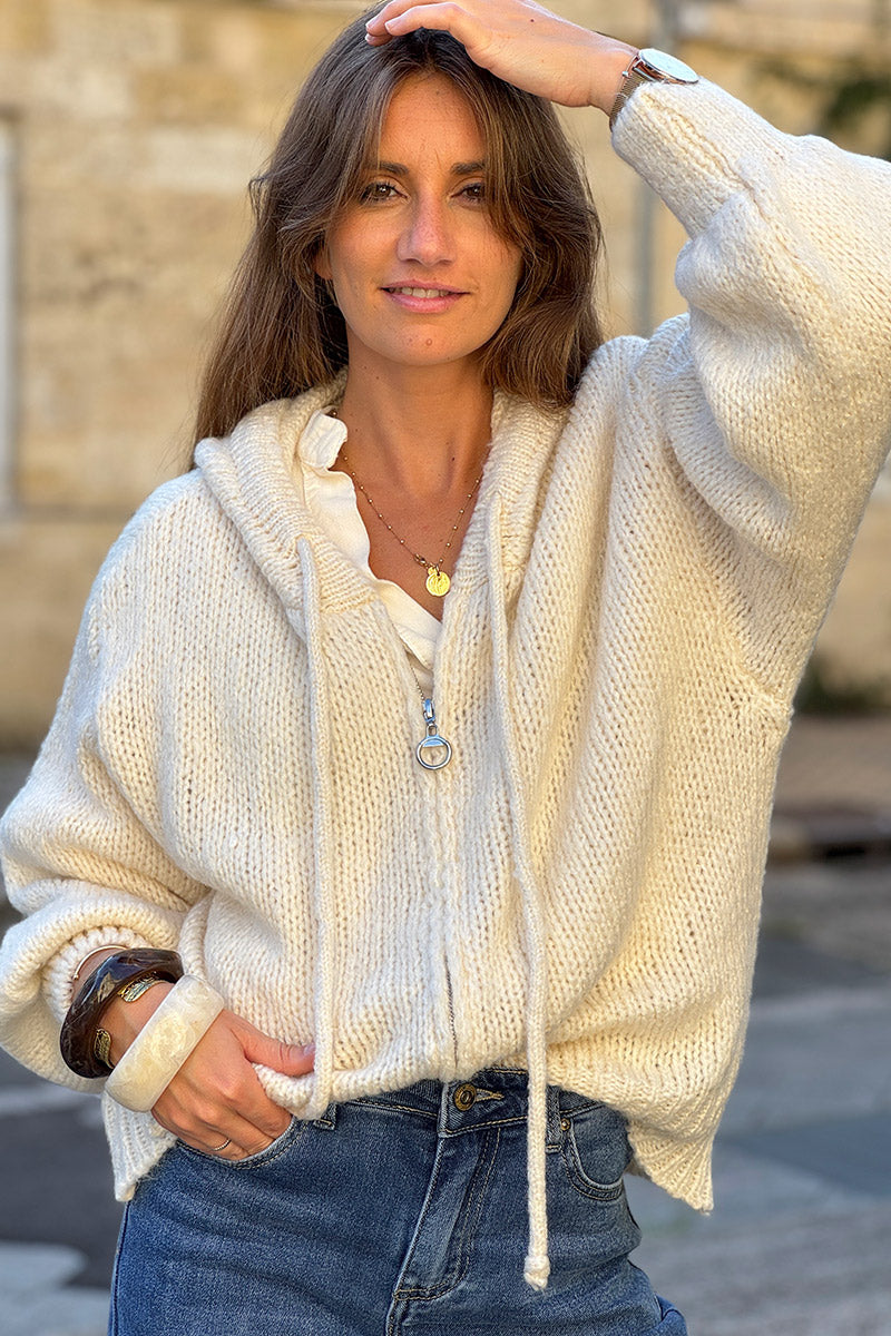 Cream Wool Blend Boucle Knit Zip Hoodie