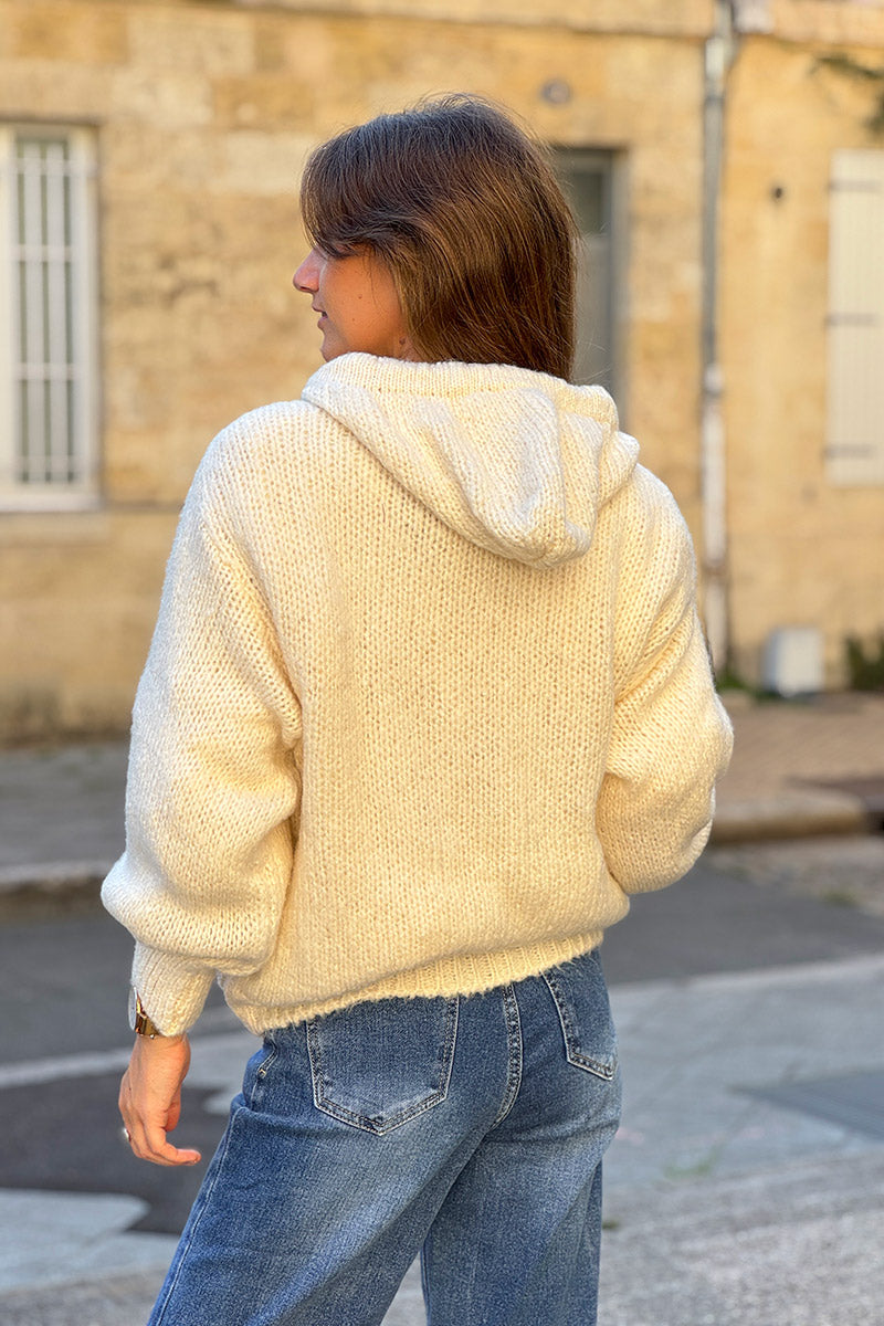 Cream Wool Blend Boucle Knit Zip Hoodie