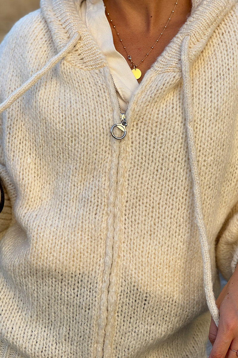 Cream Wool Blend Boucle Knit Zip Hoodie