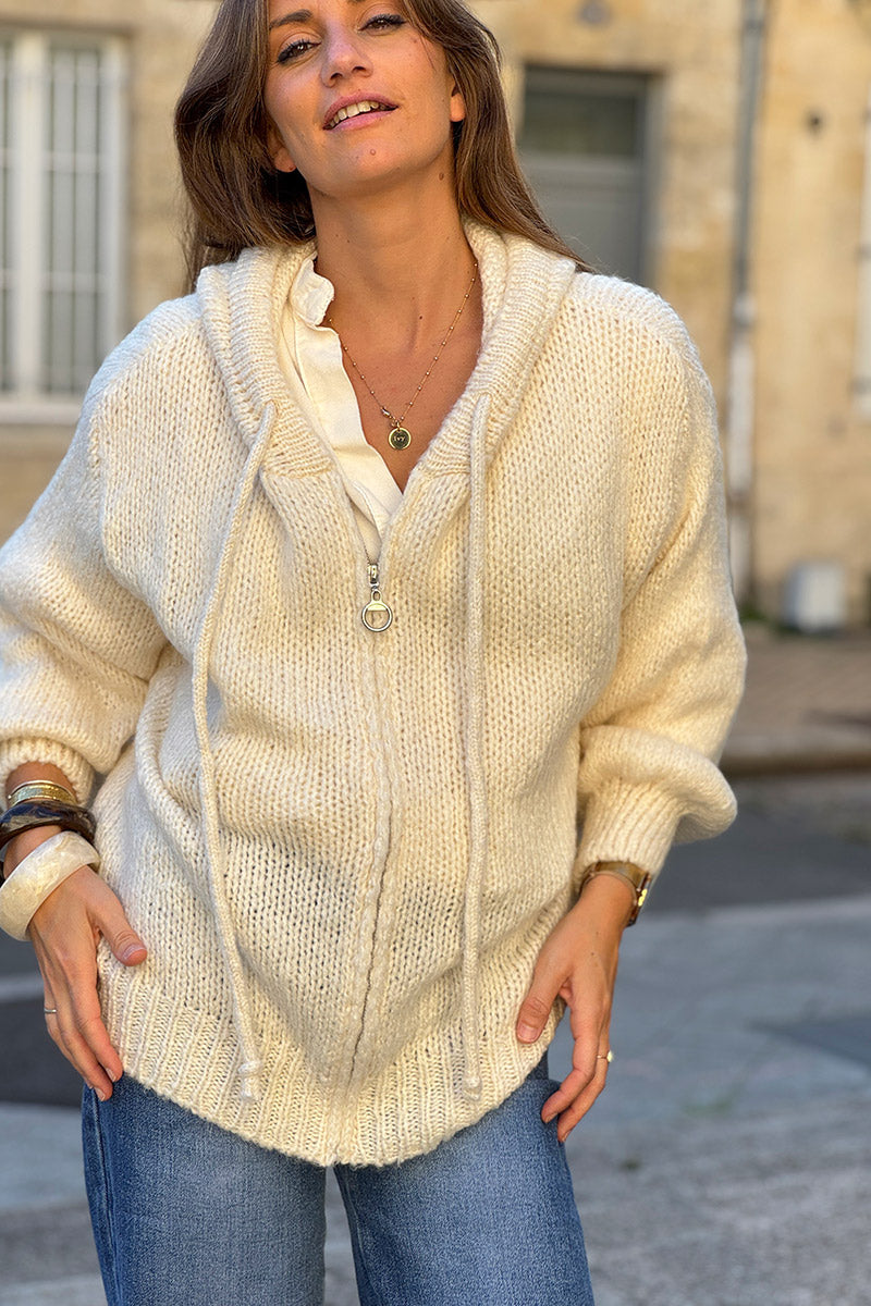 Cream Wool Blend Boucle Knit Zip Hoodie
