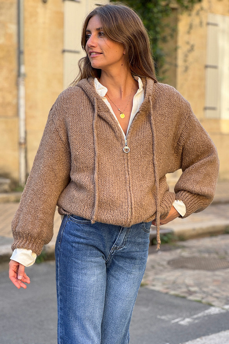 Camel Wool Blend Boucle Knit Zip Hoodie