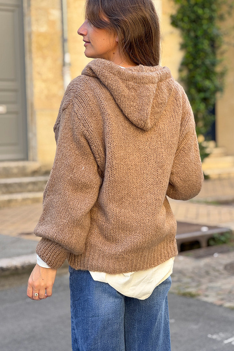 Camel Wool Blend Boucle Knit Zip Hoodie