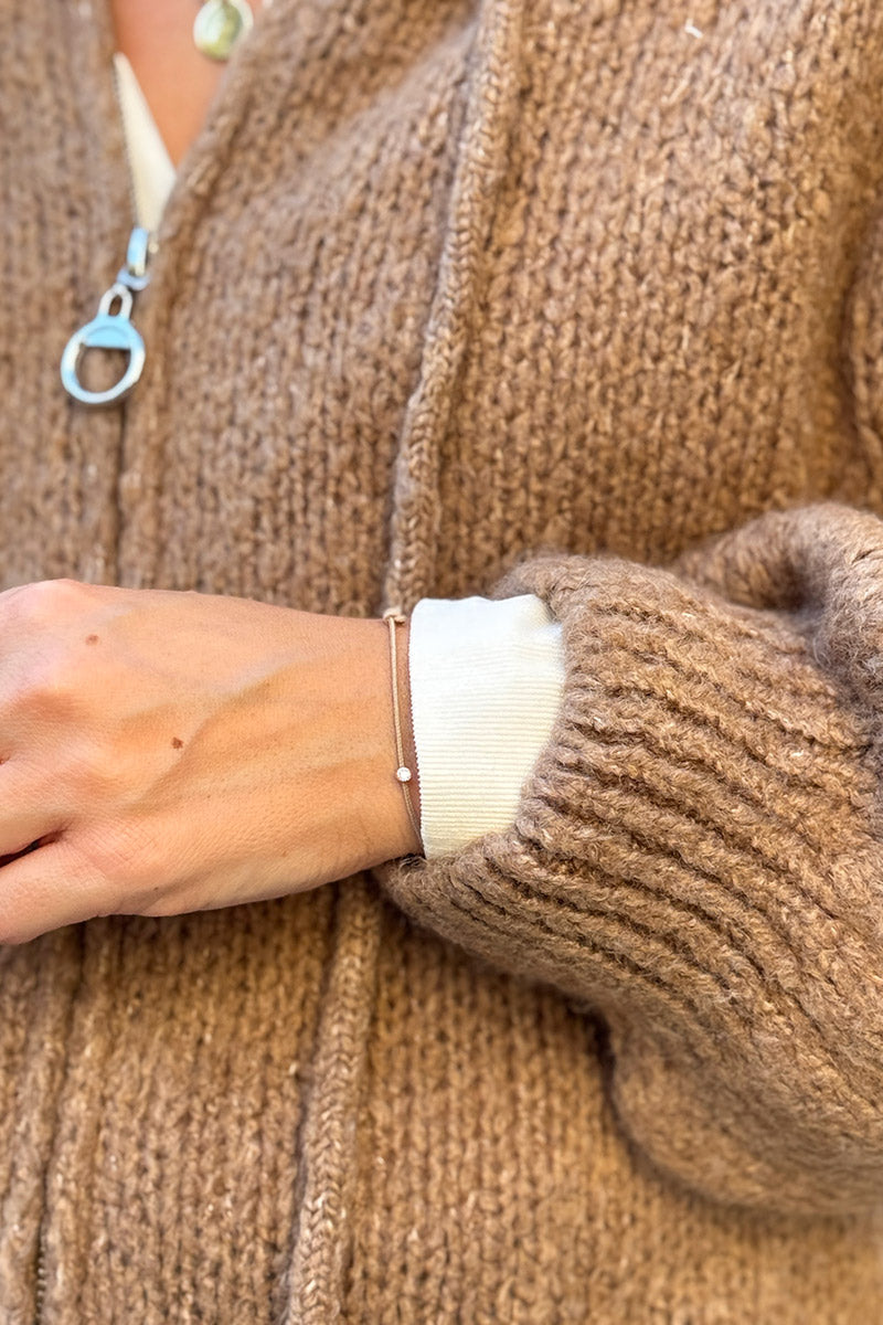 Camel Wool Blend Boucle Knit Zip Hoodie