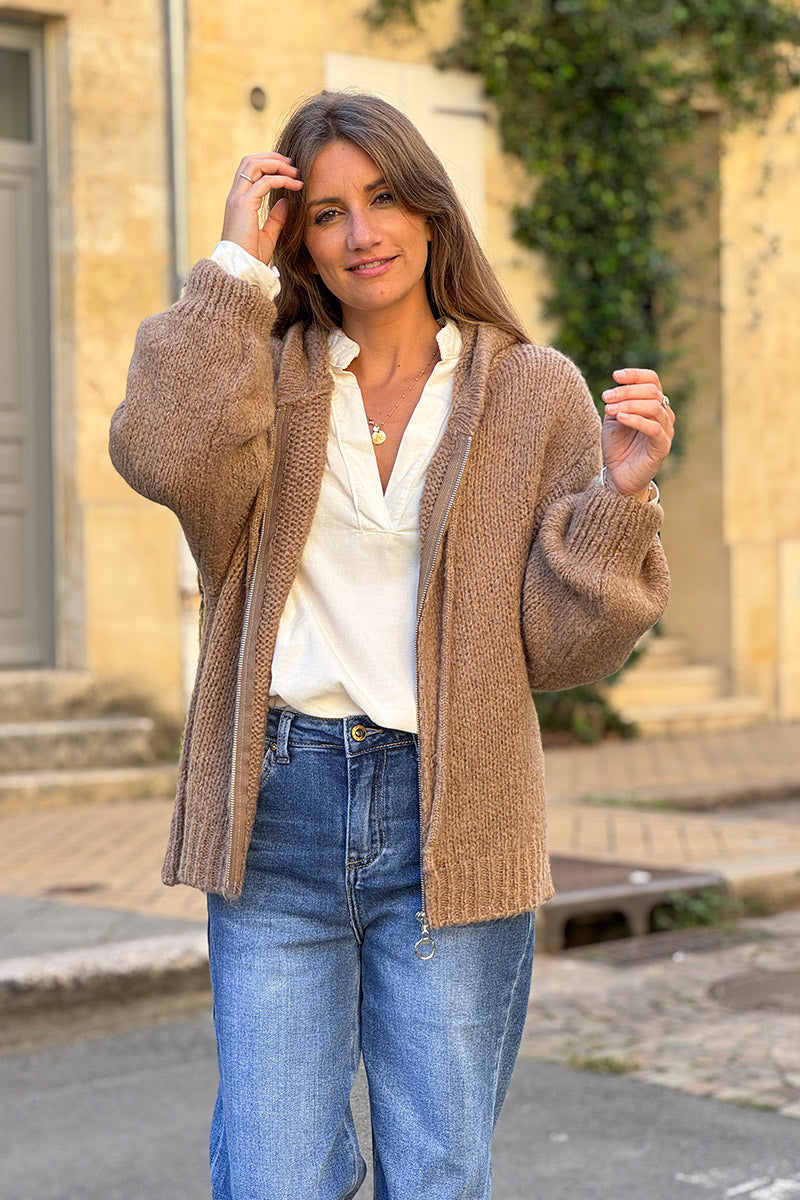Camel Wool Blend Boucle Knit Zip Hoodie