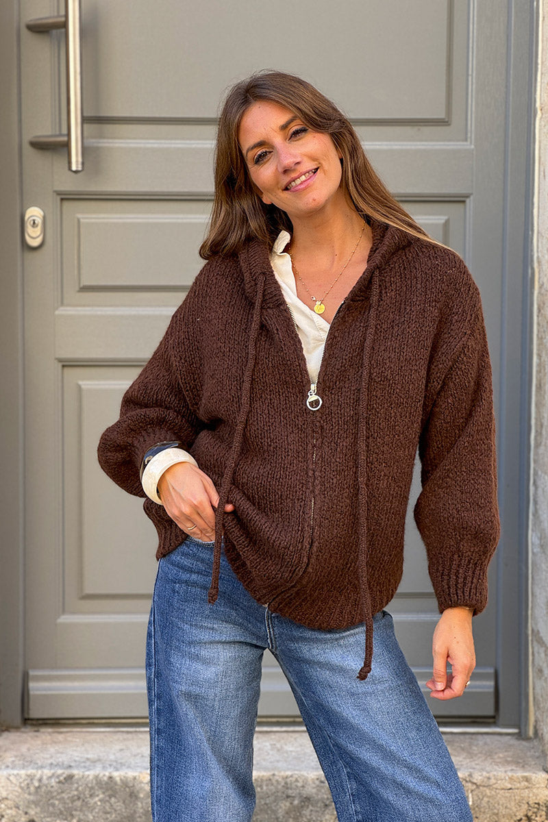Chocolate Wool Blend Boucle Knit Zip Hoodie