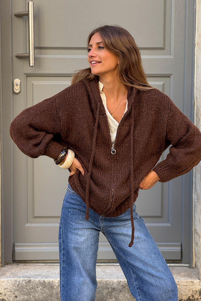 Chocolate Wool Blend Boucle Knit Zip Hoodie