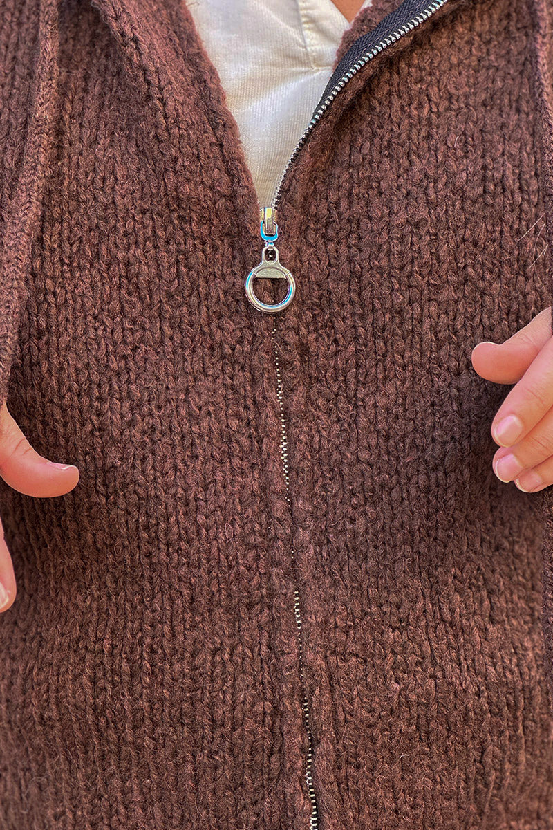 Chocolate Wool Blend Boucle Knit Zip Hoodie