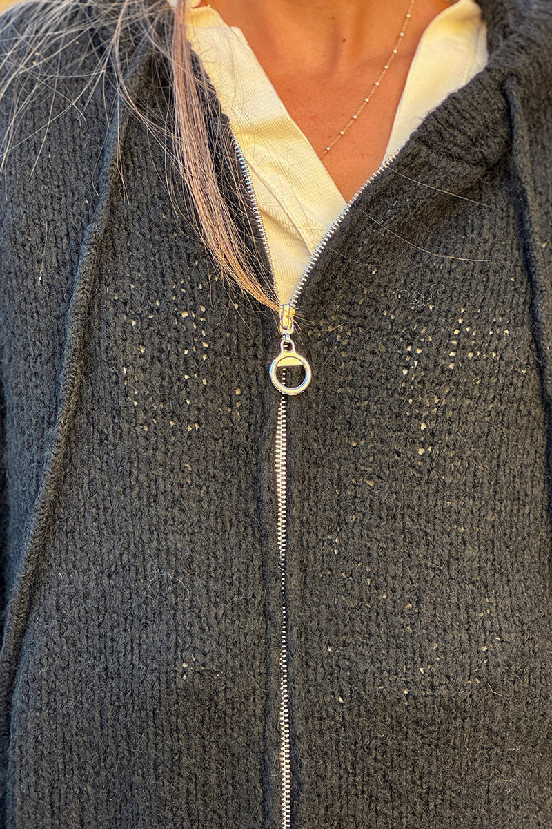 Black Wool Blend Boucle Knit Zip Hoodie