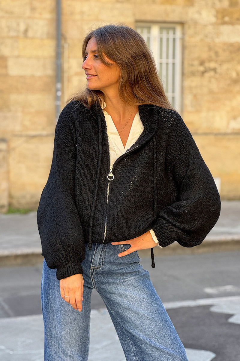 Black Wool Blend Boucle Knit Zip Hoodie