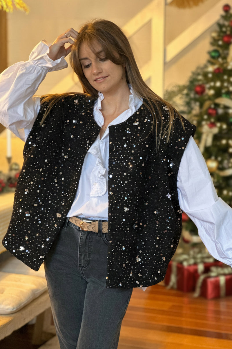 Black Sequined Boucle Knit Vest