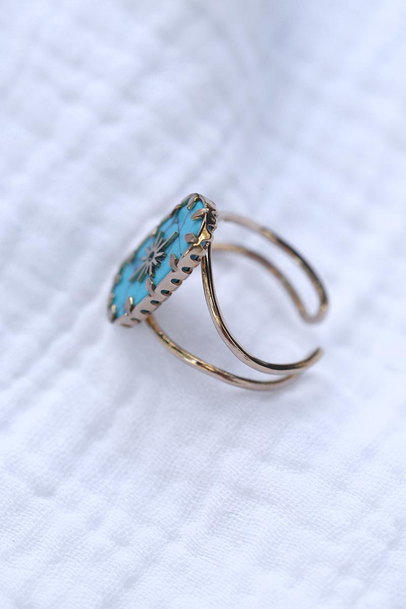 Bague r glable imitation pierre turquoise marbre et toile