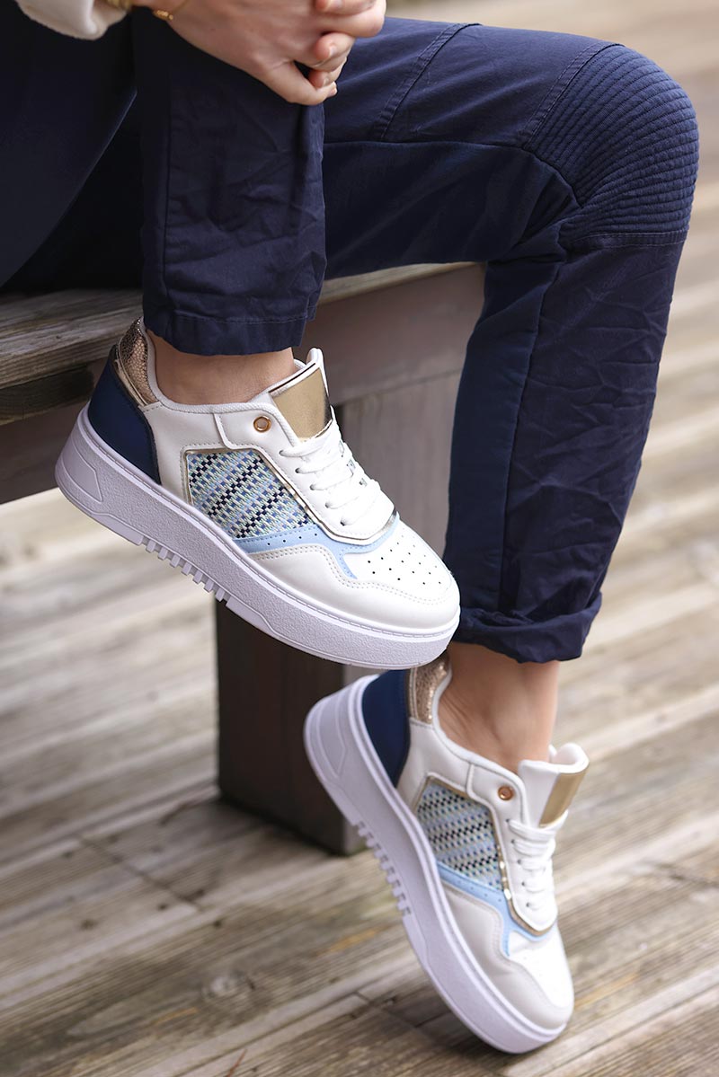 White blue and gold woven effect sneakers