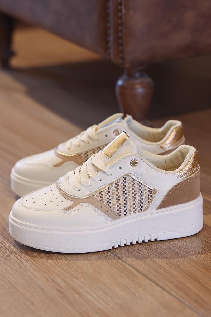 White beige and gold woven effect sneakers