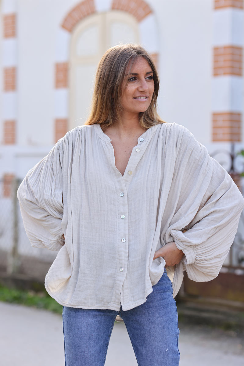Beige textured cotton oversized batwing blouse